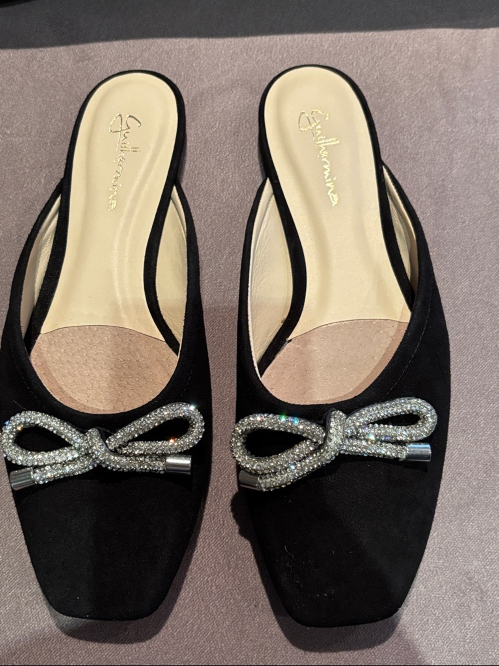 Black Suede Crystal-Bow Slip-On Mules NWOT Anthropologie